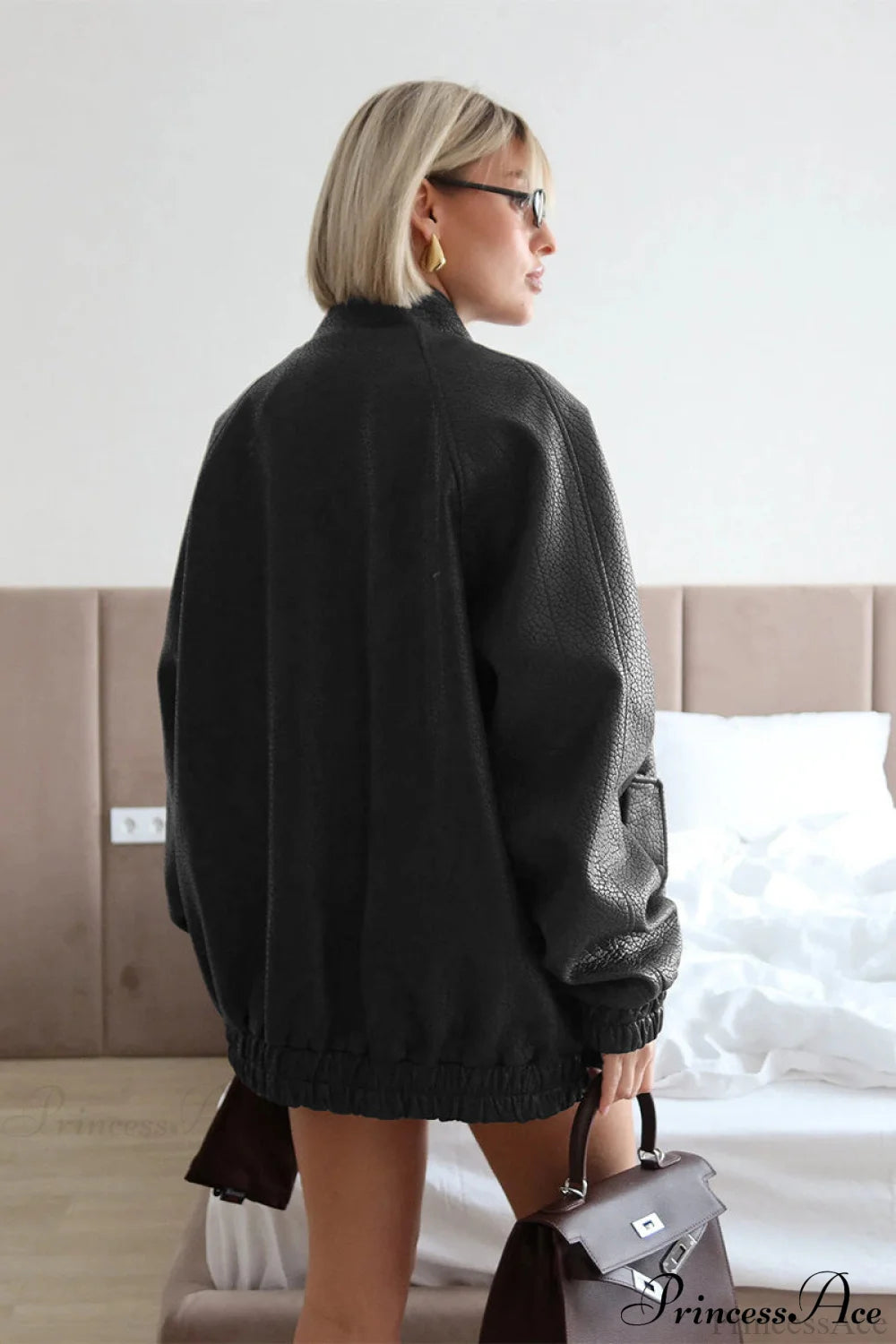 Loose Stand Collar Zipper Textured PU Coat