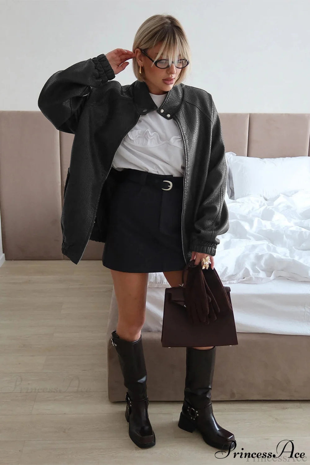 Loose Stand Collar Zipper Textured PU Coat
