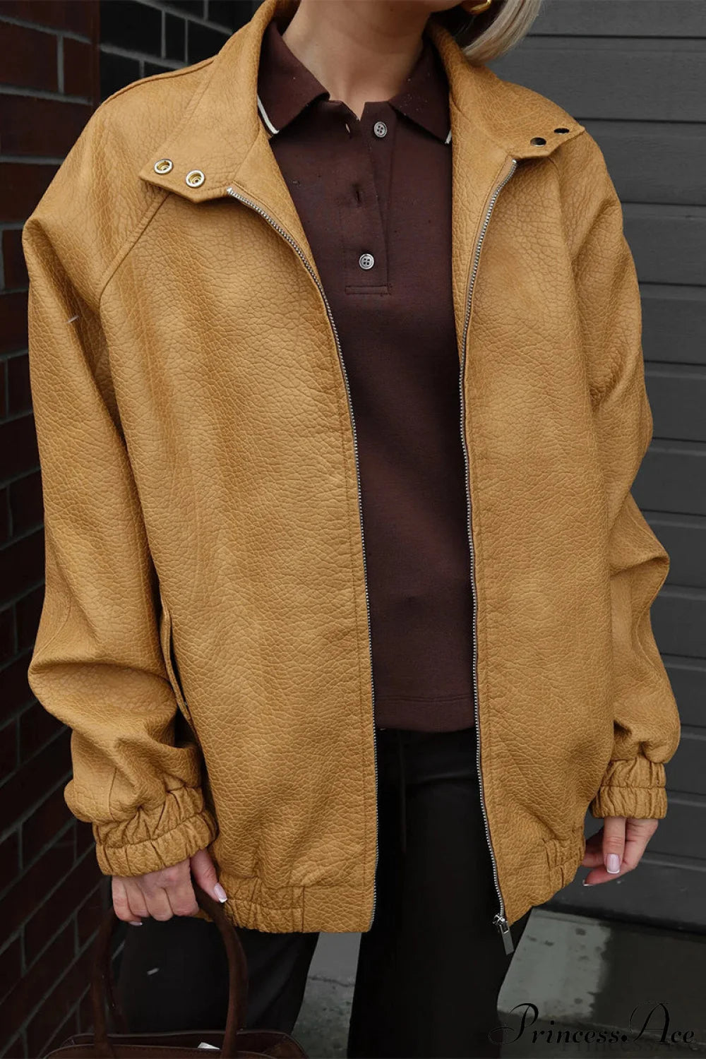 Loose Stand Collar Zipper Textured PU Coat
