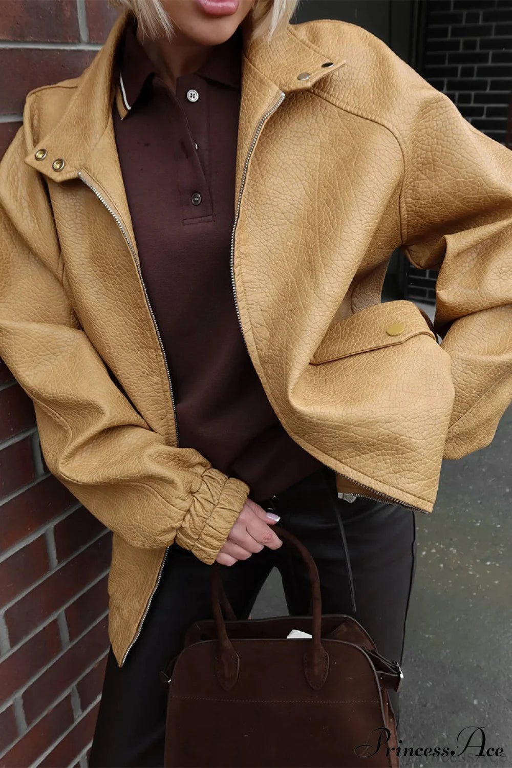 Loose Stand Collar Zipper Textured PU Coat