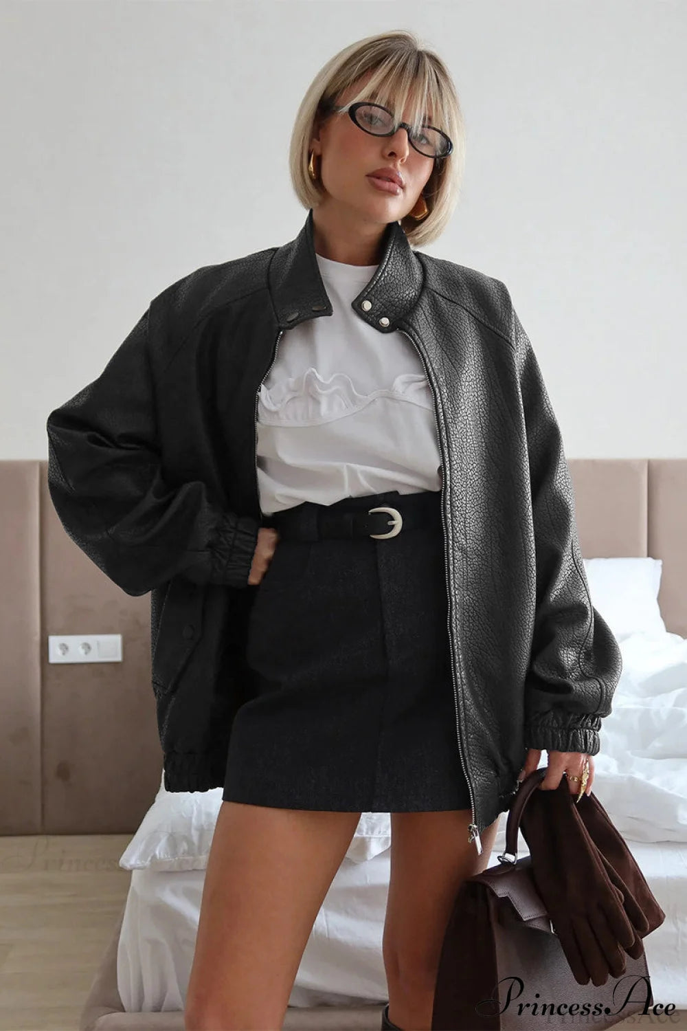 Loose Stand Collar Zipper Textured PU Coat