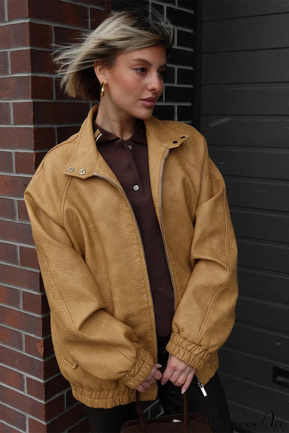 Loose Stand Collar Zipper Textured PU Coat