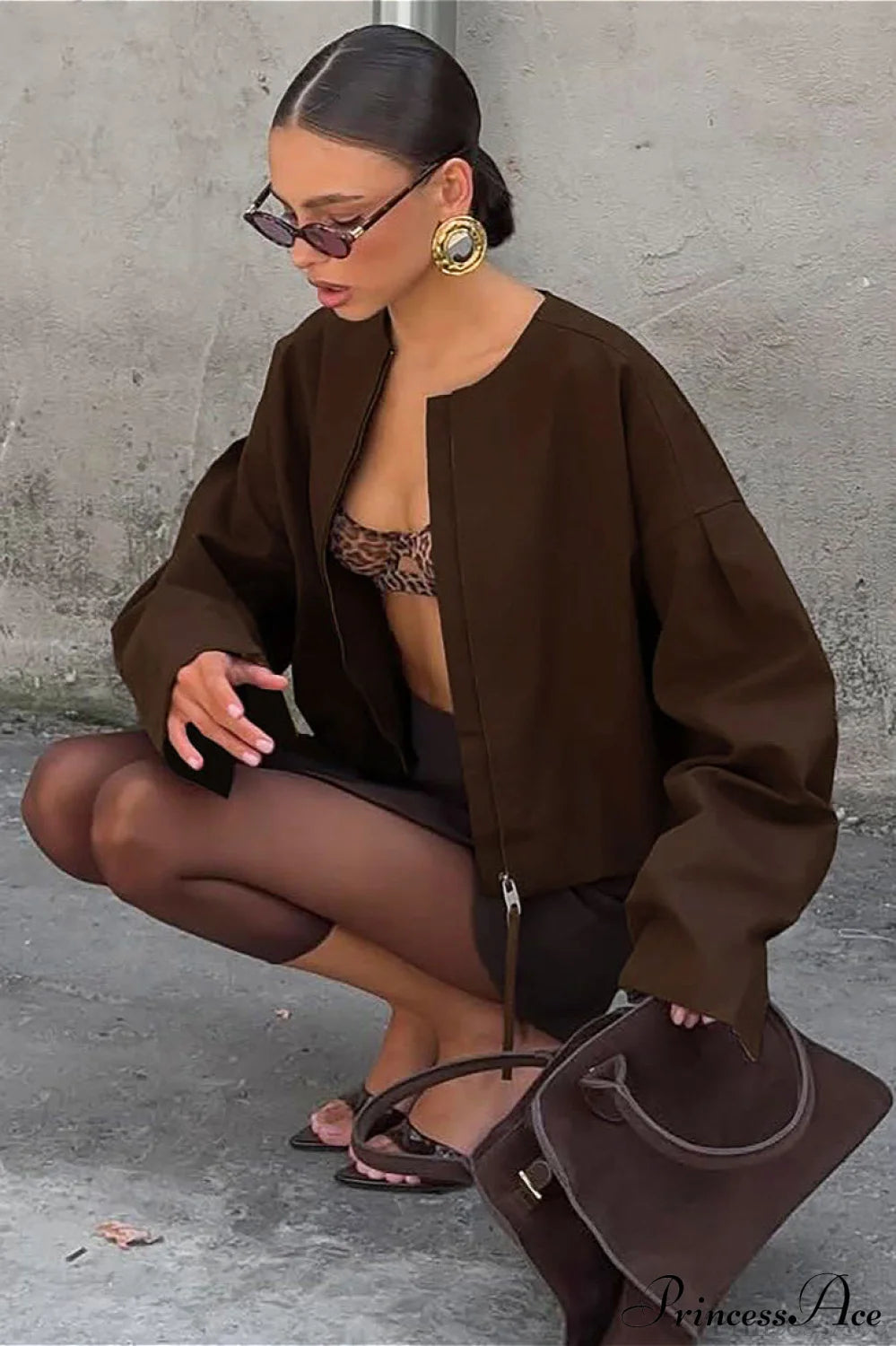 Loose Zip Crewneck Short Sleeve Coat