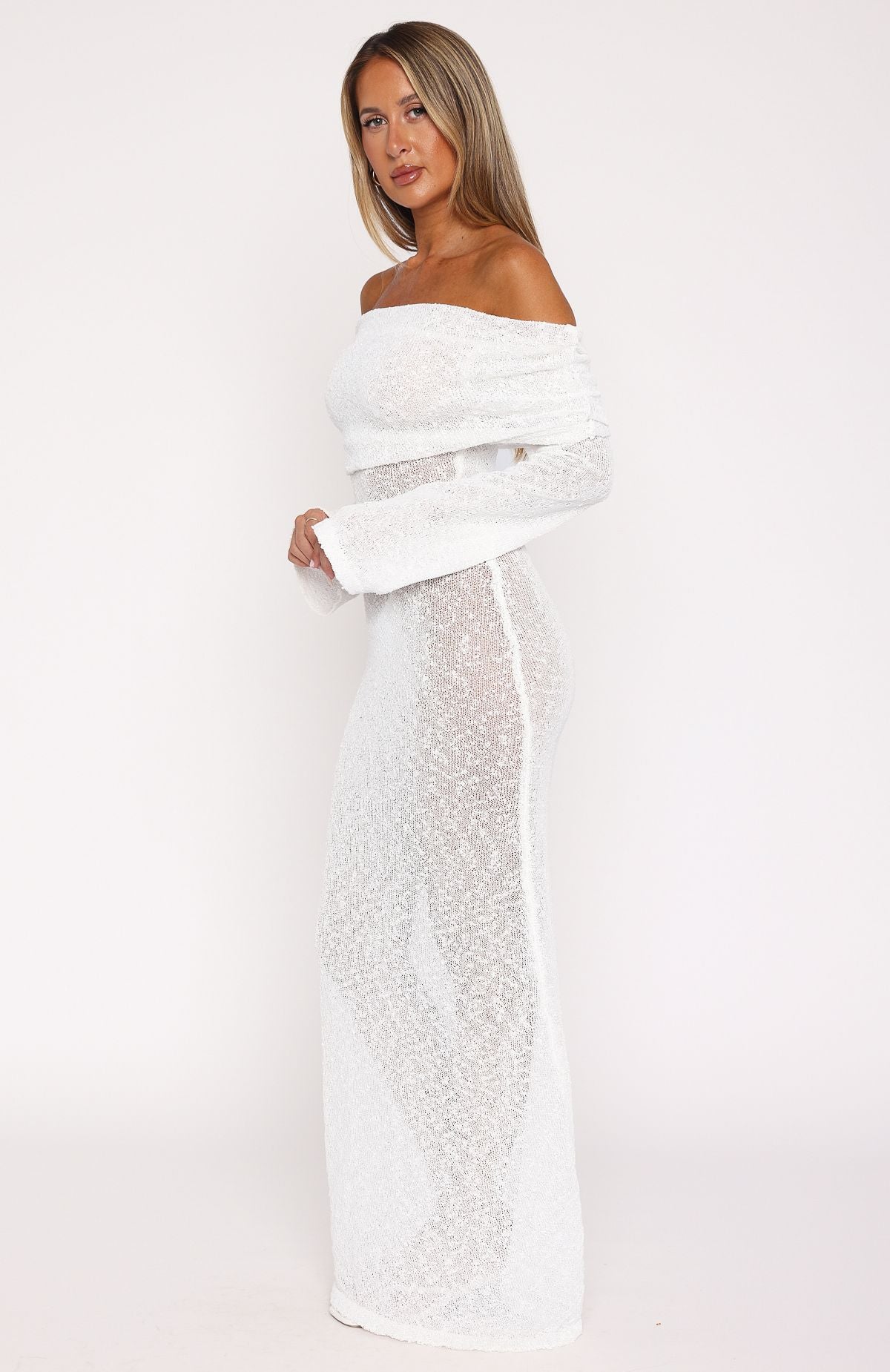 White Boucle Textured Long Sleeve Maxi Dress