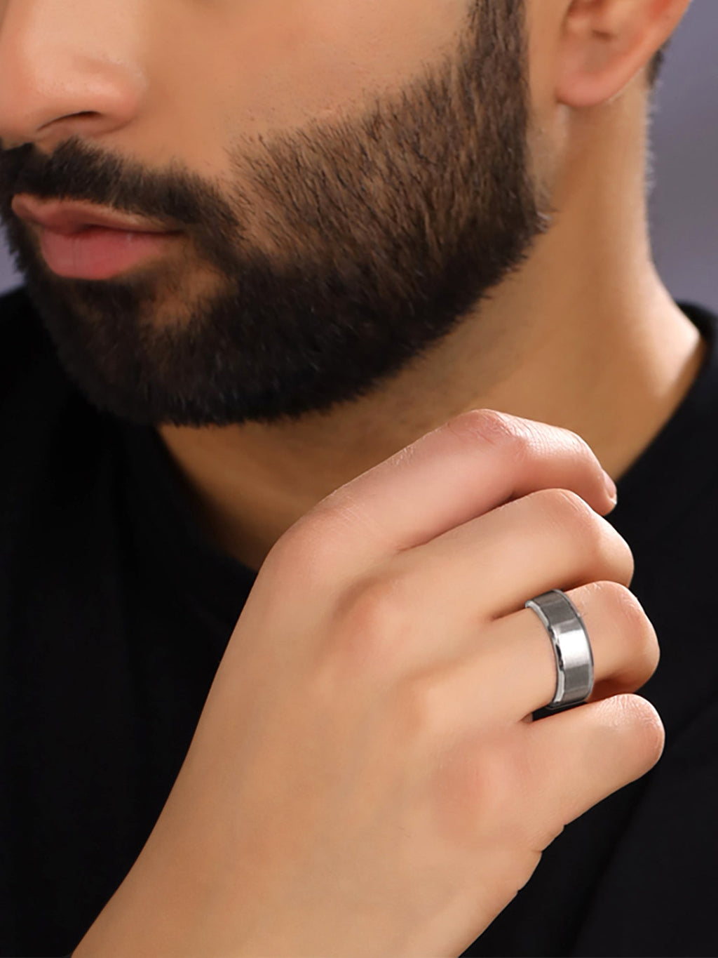 Silver Black Band Four Piece Durable Ring