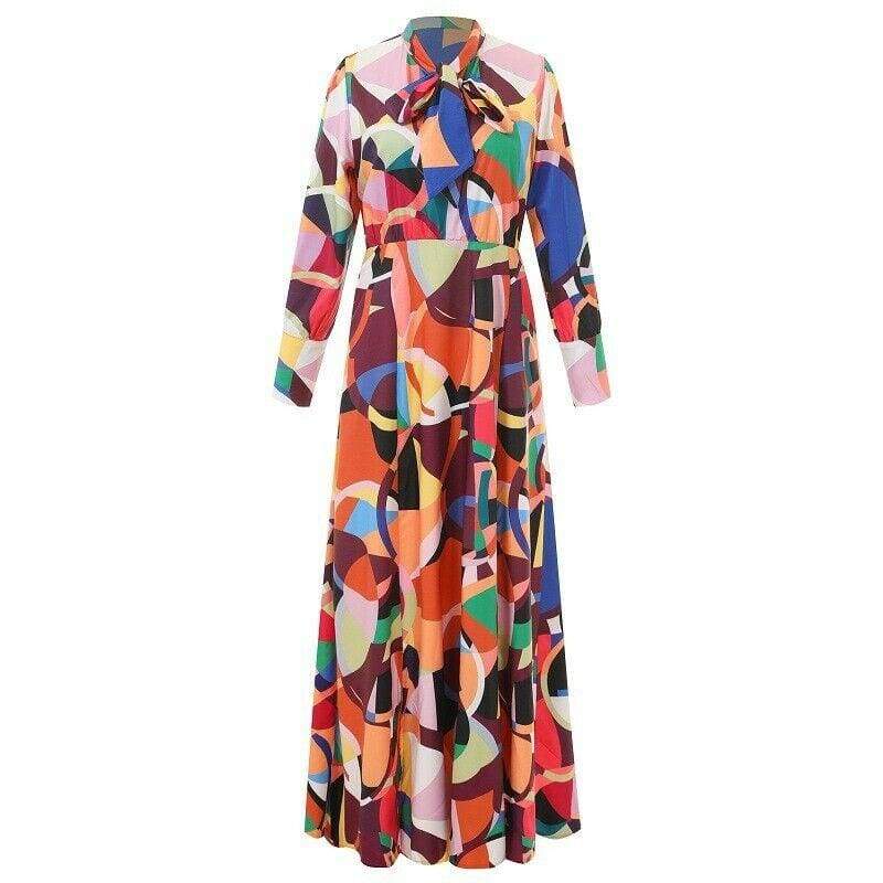 Geometric High Neck Long Sleeve Maxi Dress