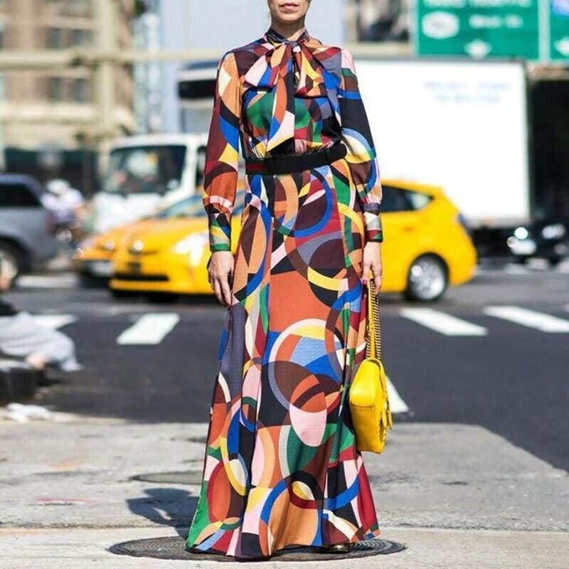 Geometric High Neck Long Sleeve Maxi Dress