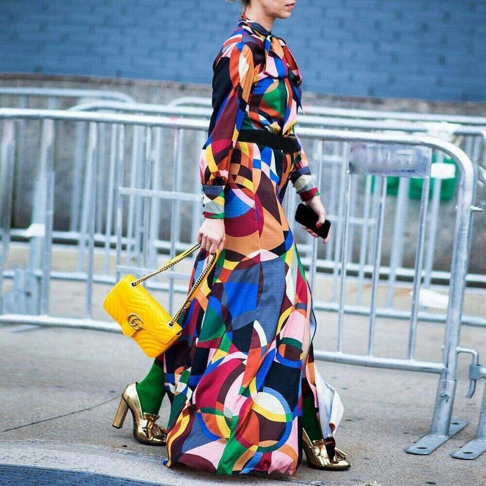 Geometric High Neck Long Sleeve Maxi Dress