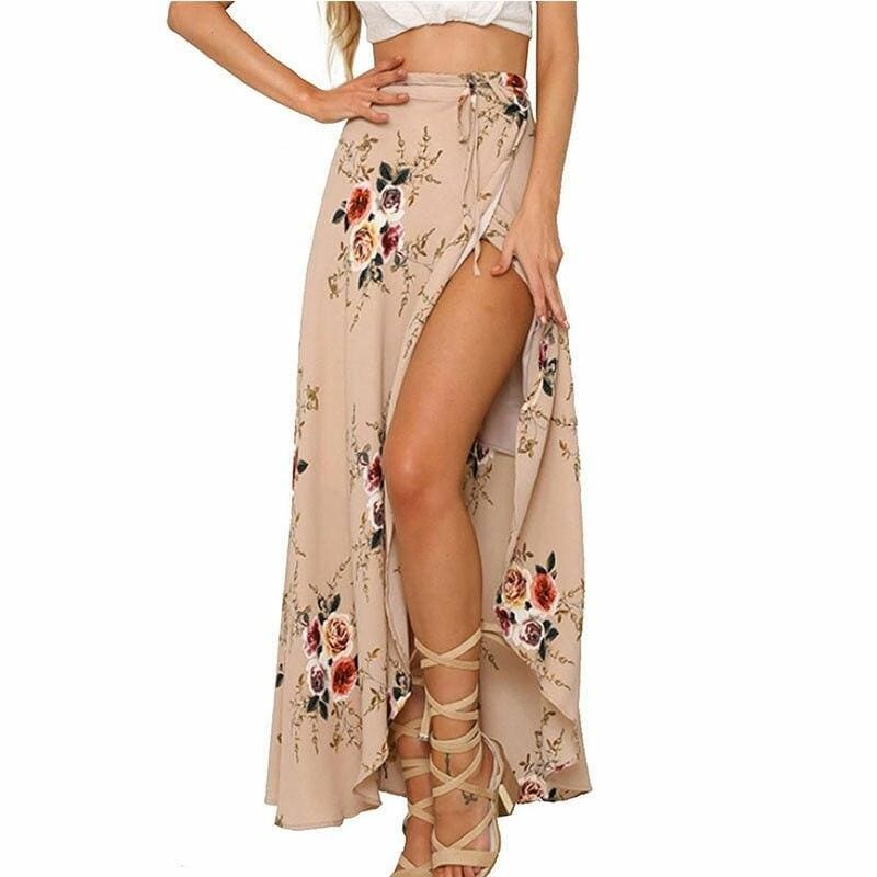 Pleated Beach Boho Floral Maxi Skirt
