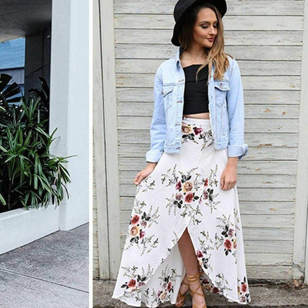 Pleated Beach Boho Floral Maxi Skirt
