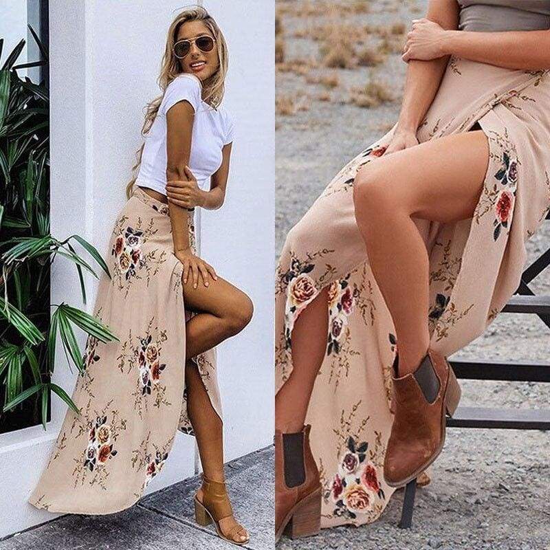 Pleated Boho Floral Beach Maxi Dress