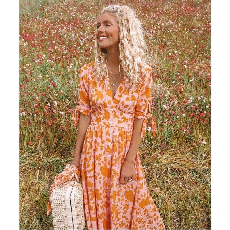 Sweet Boho Draped Bandage Floral Maxi Dress