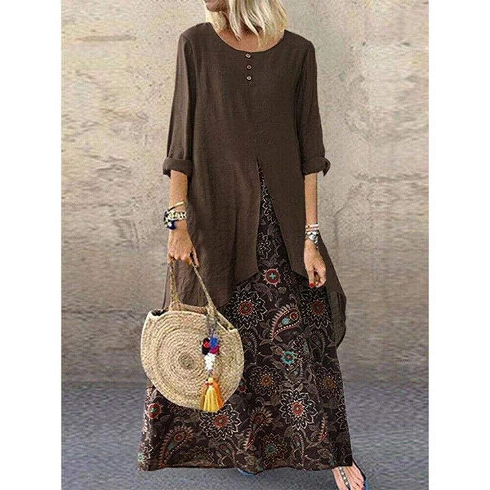 Boho Peasant Ethnic Loose Long Sleeve Maxi Dress