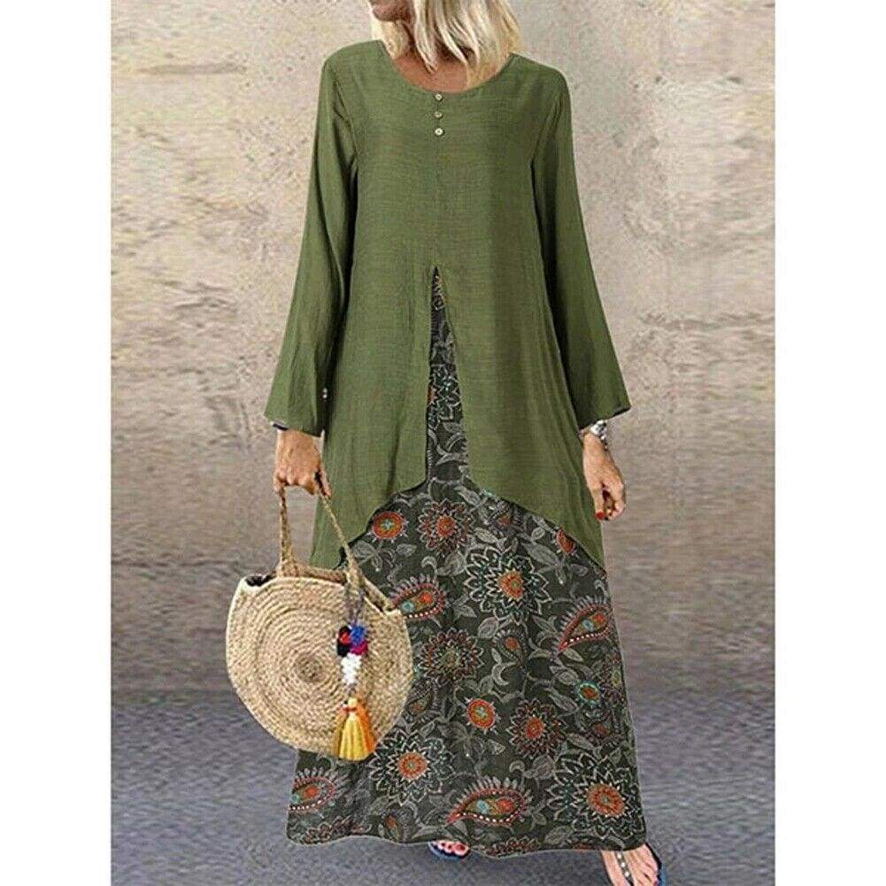 Boho Peasant Ethnic Loose Long Sleeve Maxi Dress