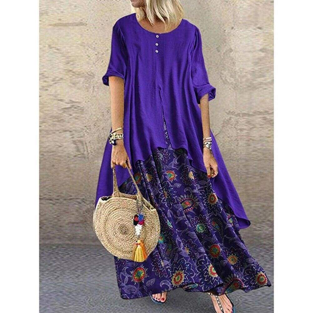 Boho Peasant Ethnic Loose Long Sleeve Maxi Dress