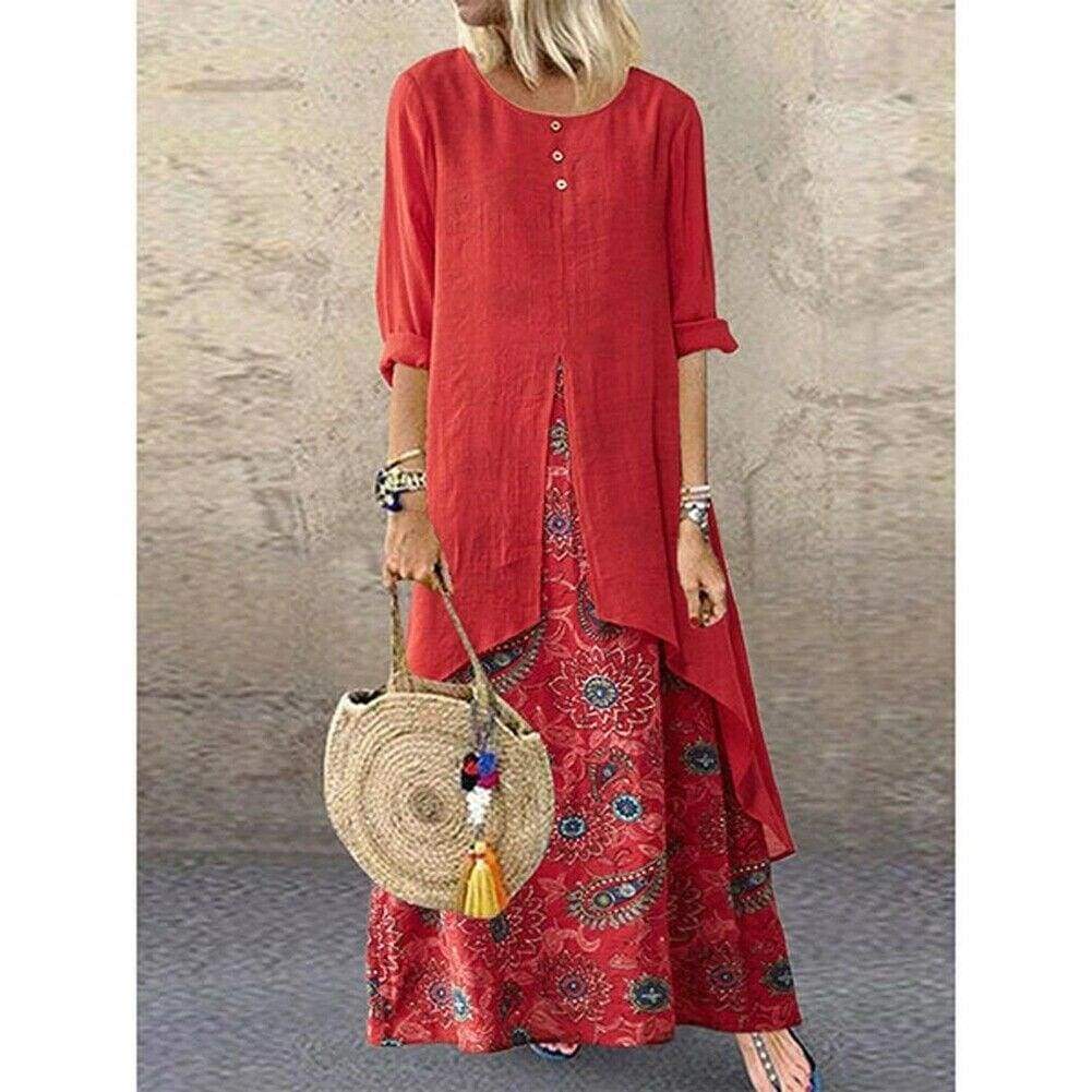 Boho Peasant Ethnic Loose Long Sleeve Maxi Dress