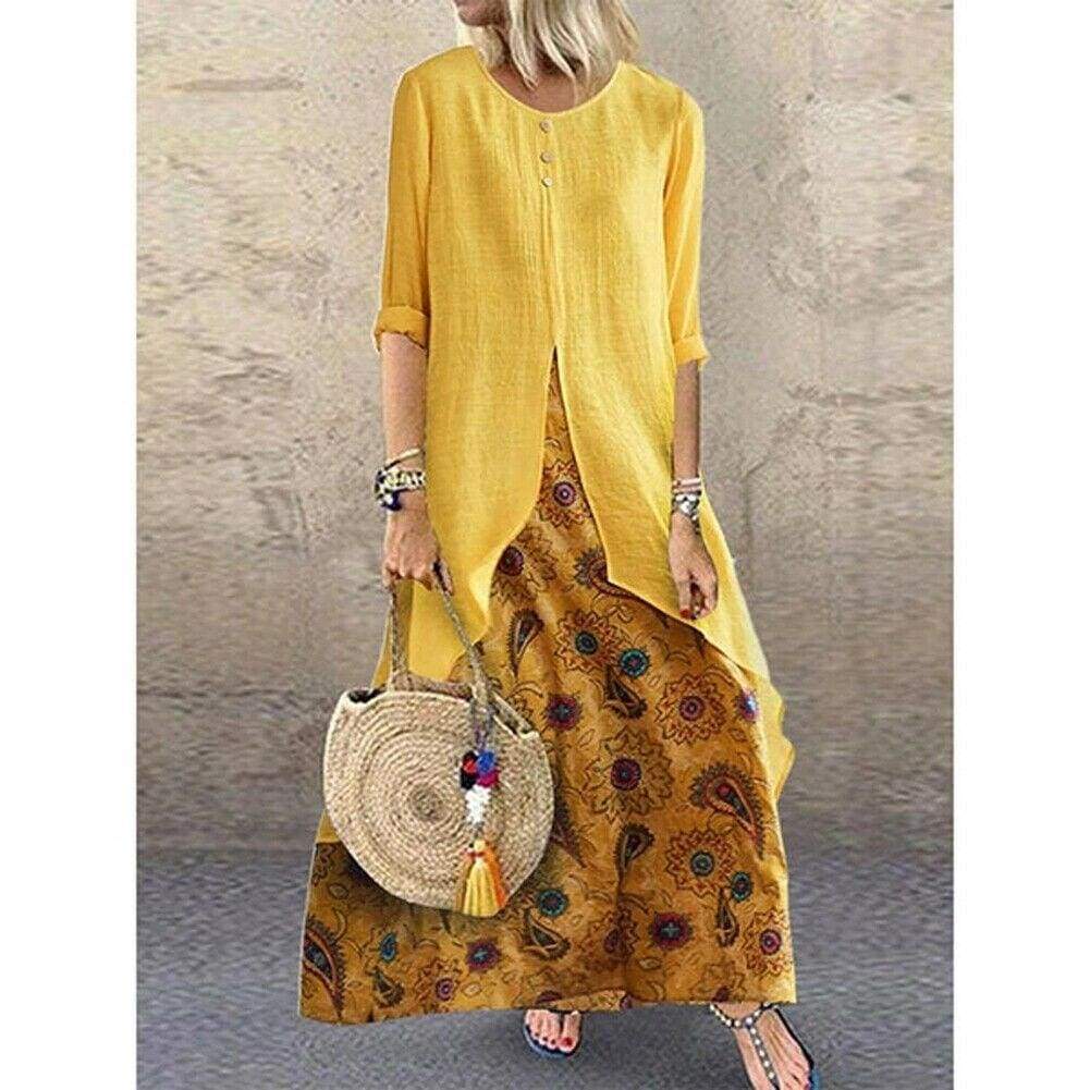 Boho Peasant Ethnic Loose Long Sleeve Maxi Dress