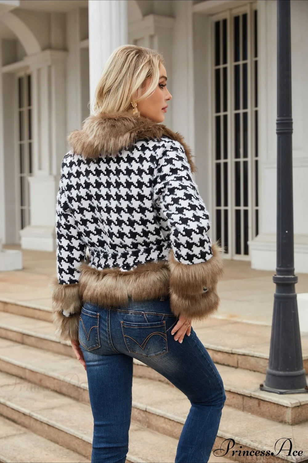 Checked Detachable Fur Collar Mini Coat