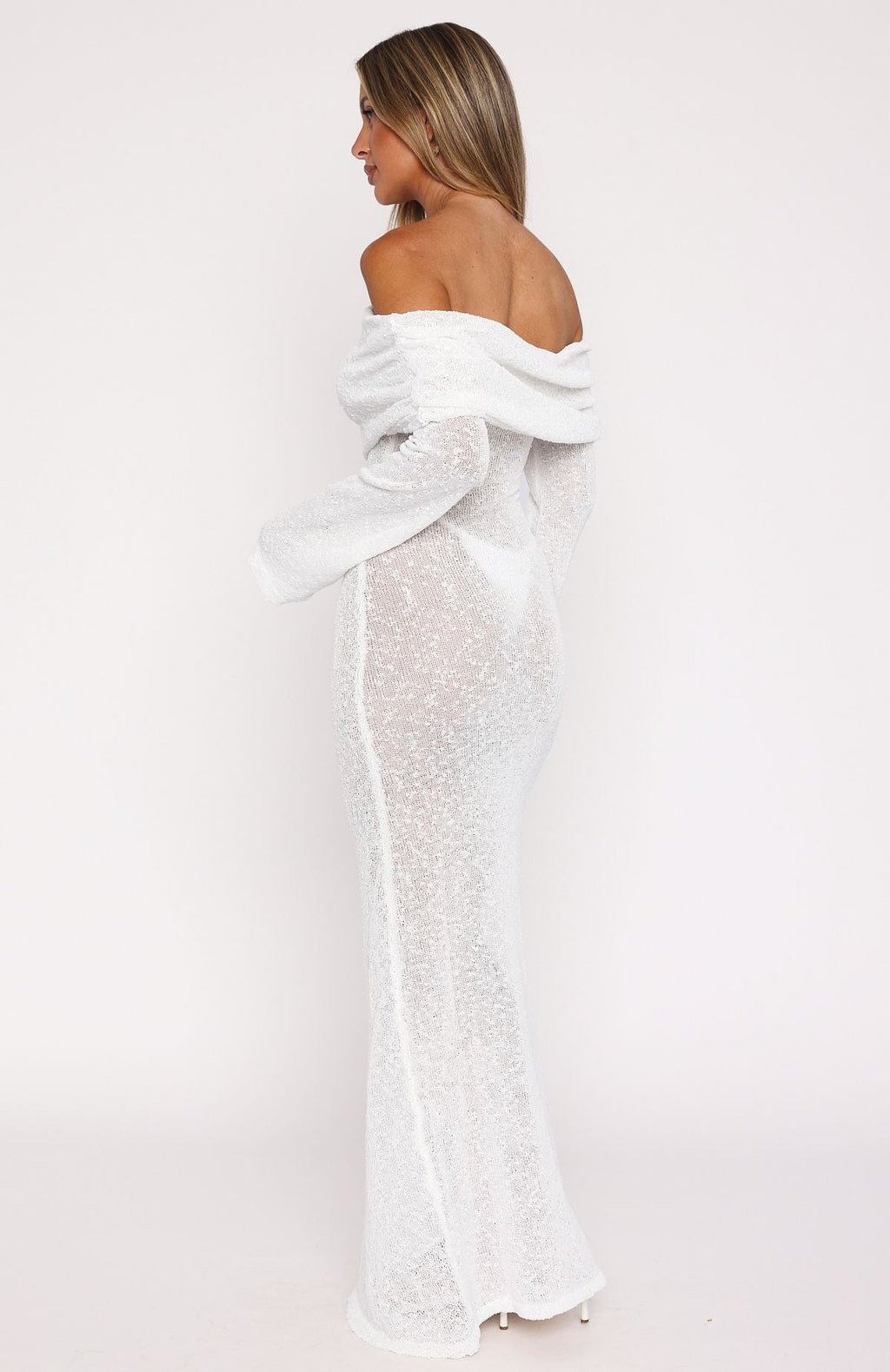 White Boucle Textured Long Sleeve Maxi Dress