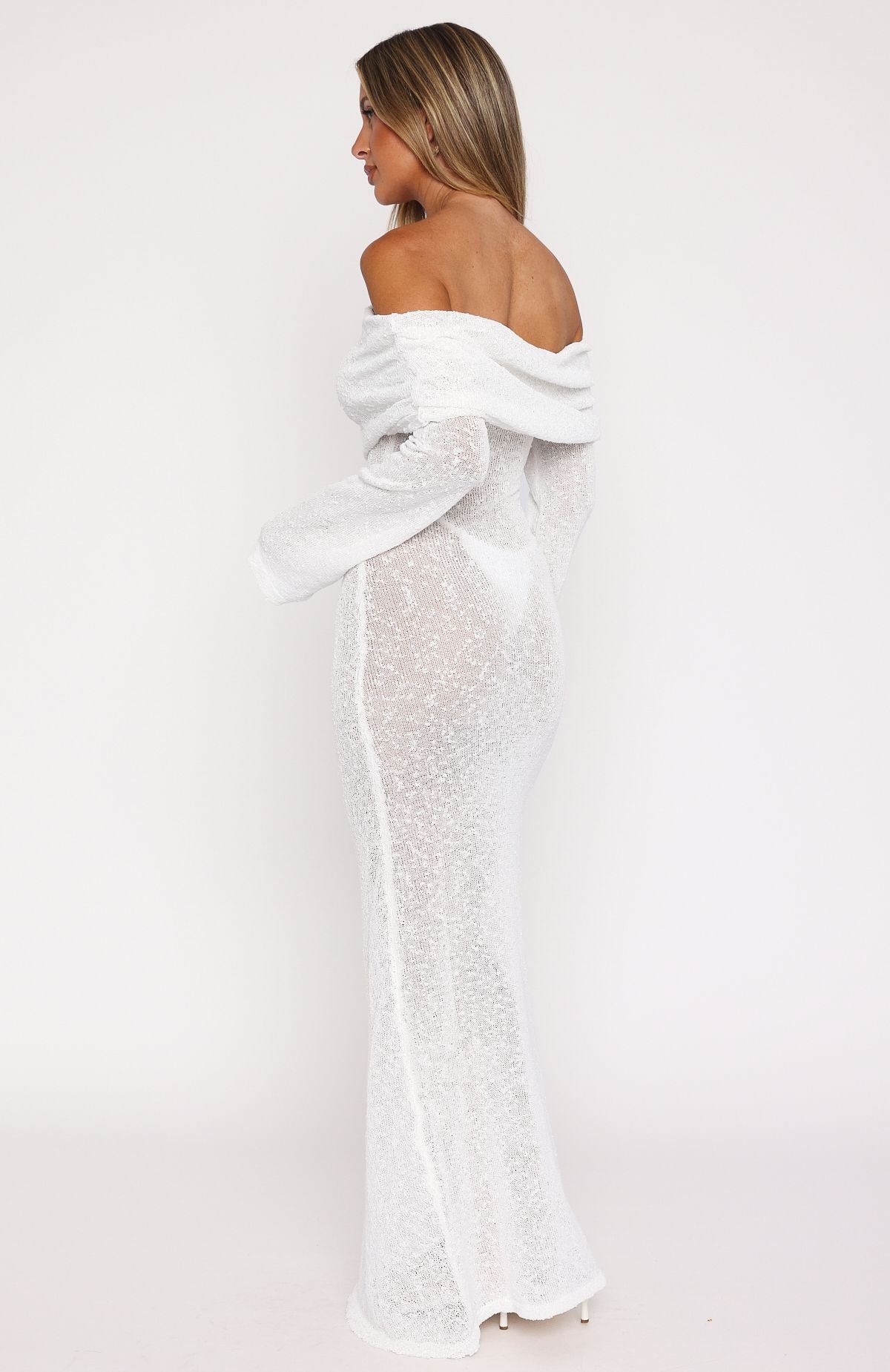 White Boucle Textured Long Sleeve Maxi Dress