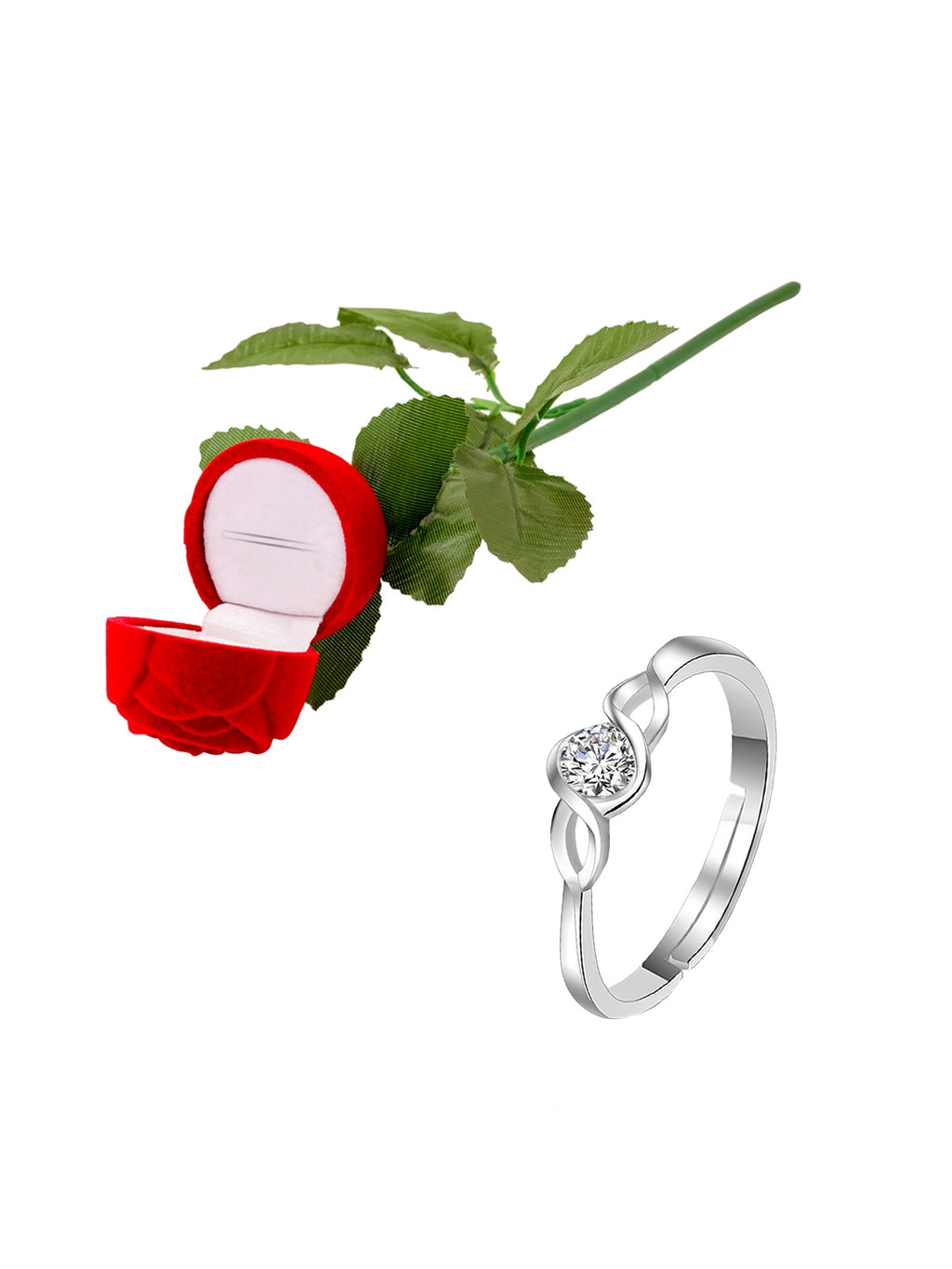 Red Rose Velvet Adjustable Silver Ring