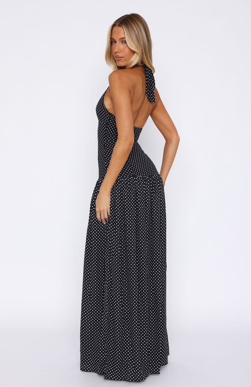 Sweet Temptation Halter Black White Polka Maxi Dress