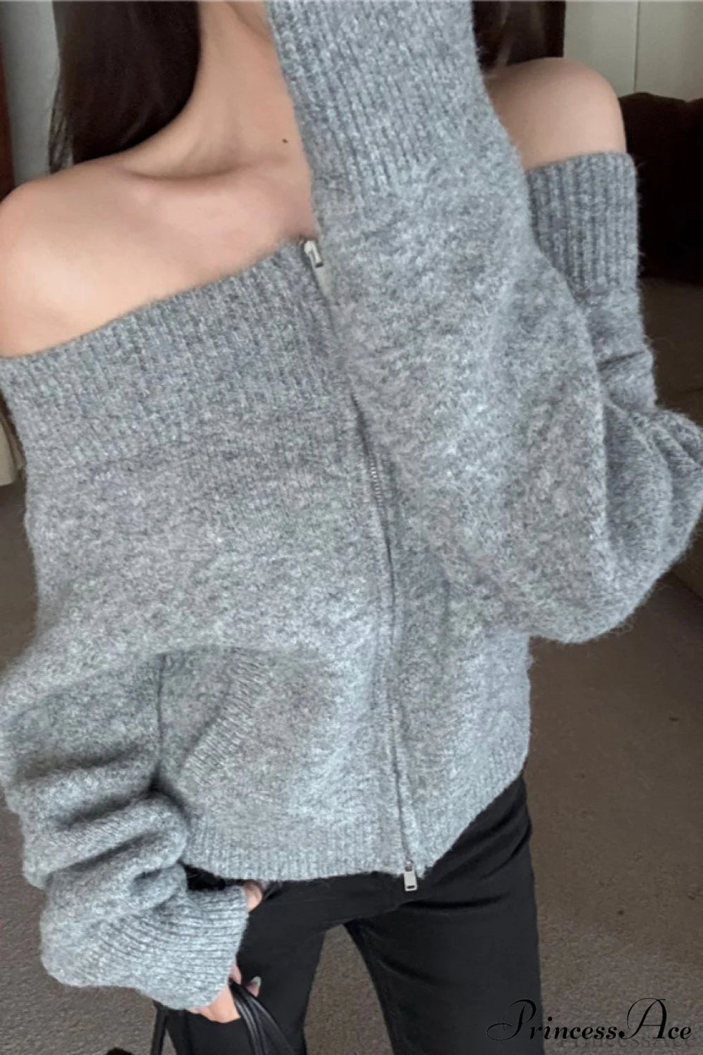 Retro Zip Off-Shoulder Slim Knit Cardigan