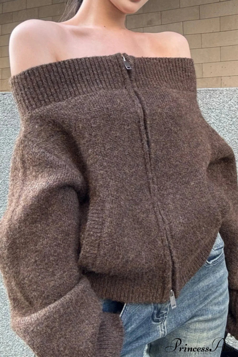 Retro Zip Off-Shoulder Slim Knit Cardigan
