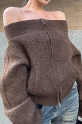Retro Zip Off-Shoulder Slim Knit Cardigan