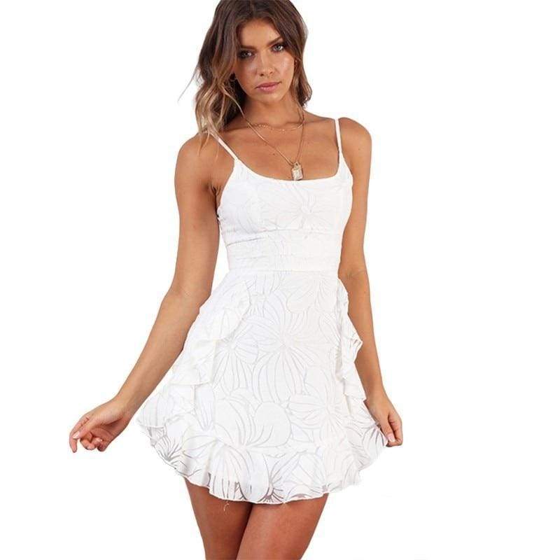Ruffled Print Sling V Neck Party Mini Dress