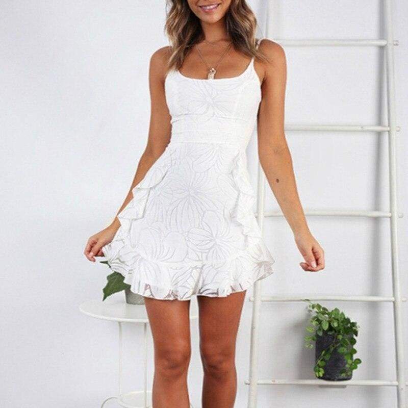 Ruffled Print Sling V Neck Party Mini Dress