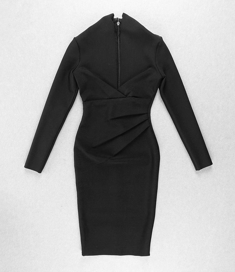 Solid Long Sleeve Deep V Bandage Party Dress