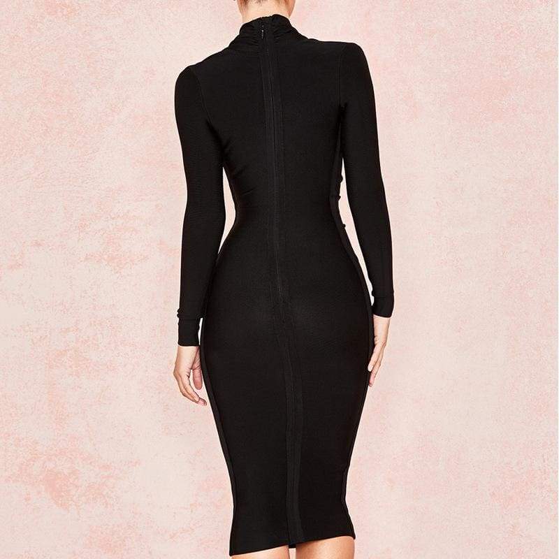 Solid Long Sleeve Deep V Bandage Party Dress