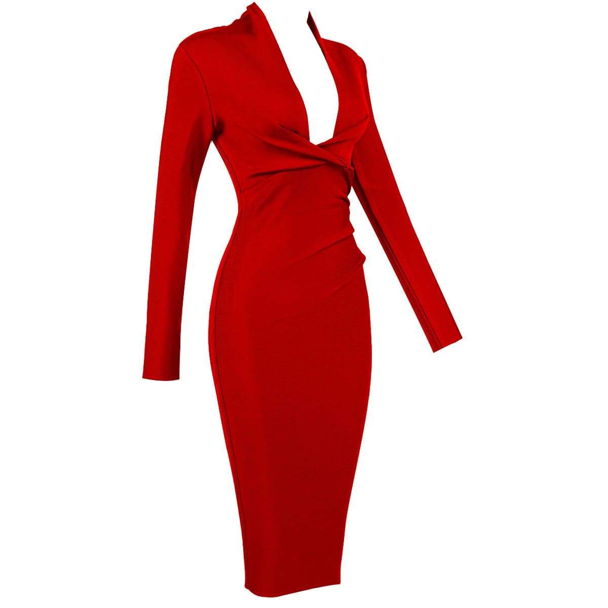 Solid Long Sleeve Deep V Bandage Party Dress