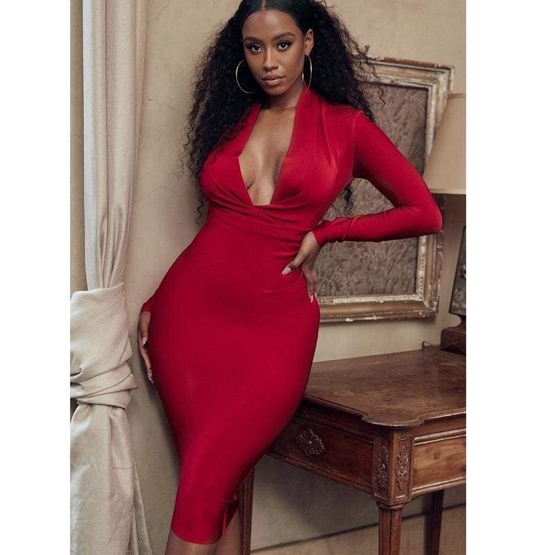 Solid Long Sleeve Deep V Bandage Party Dress