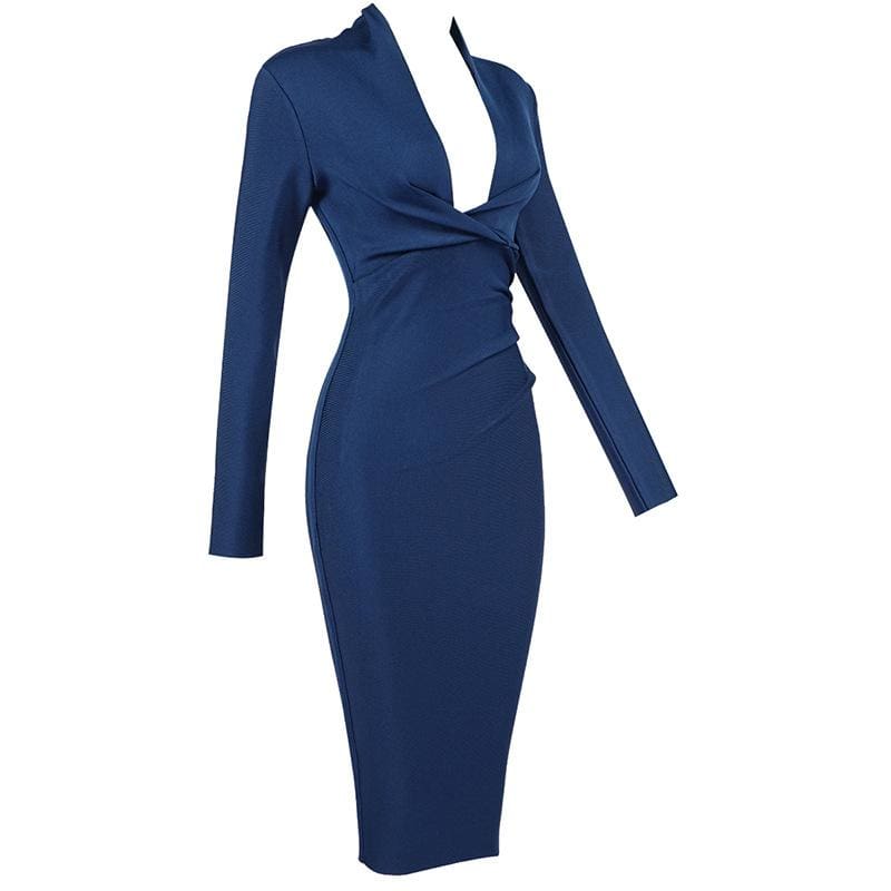 Solid Long Sleeve Deep V Bandage Party Dress