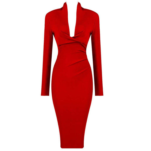 Solid Long Sleeve Deep V Bandage Party Dress