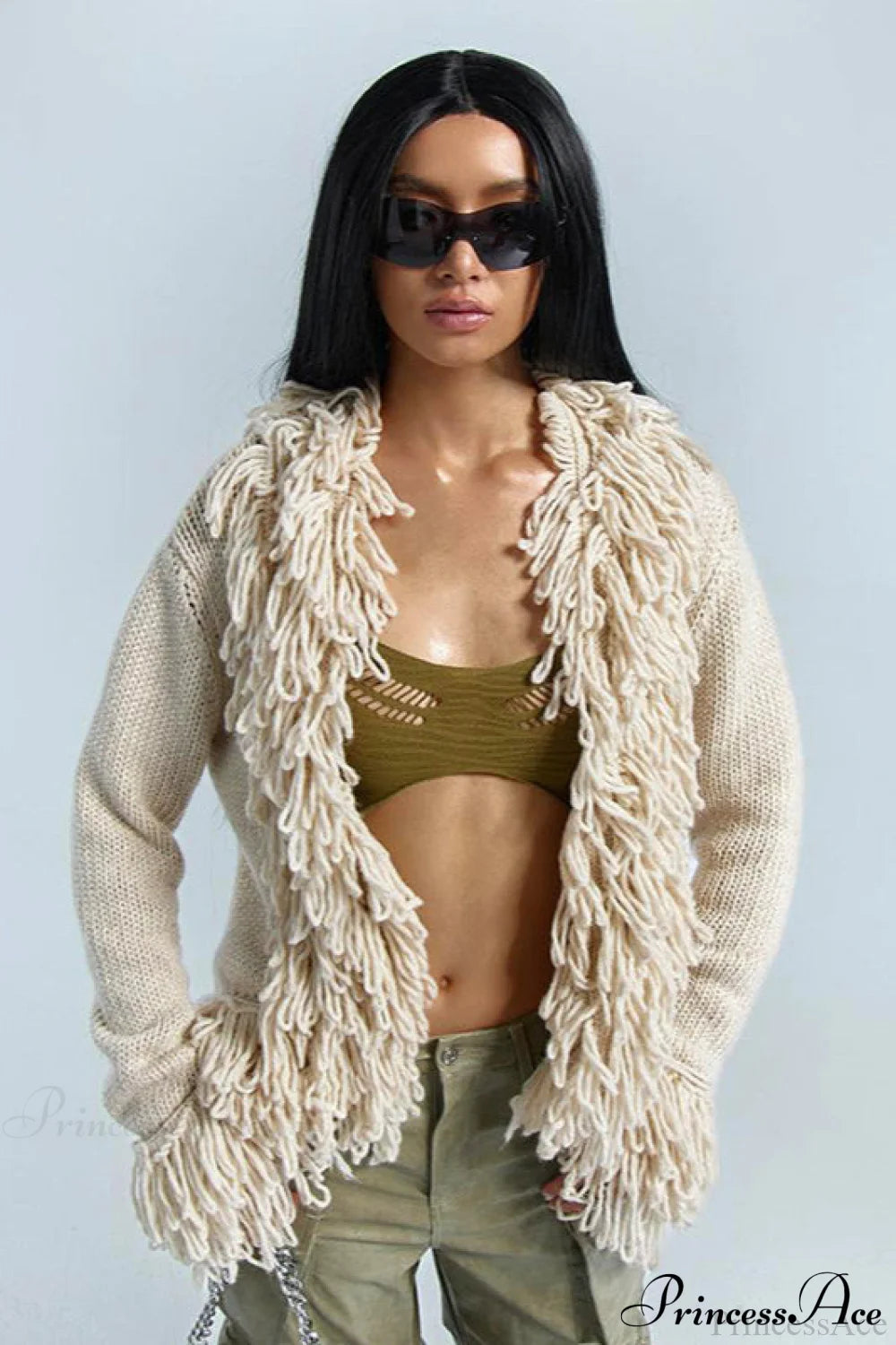Solid Knit Fringe Relaxed Long-Sleeve Cardigan