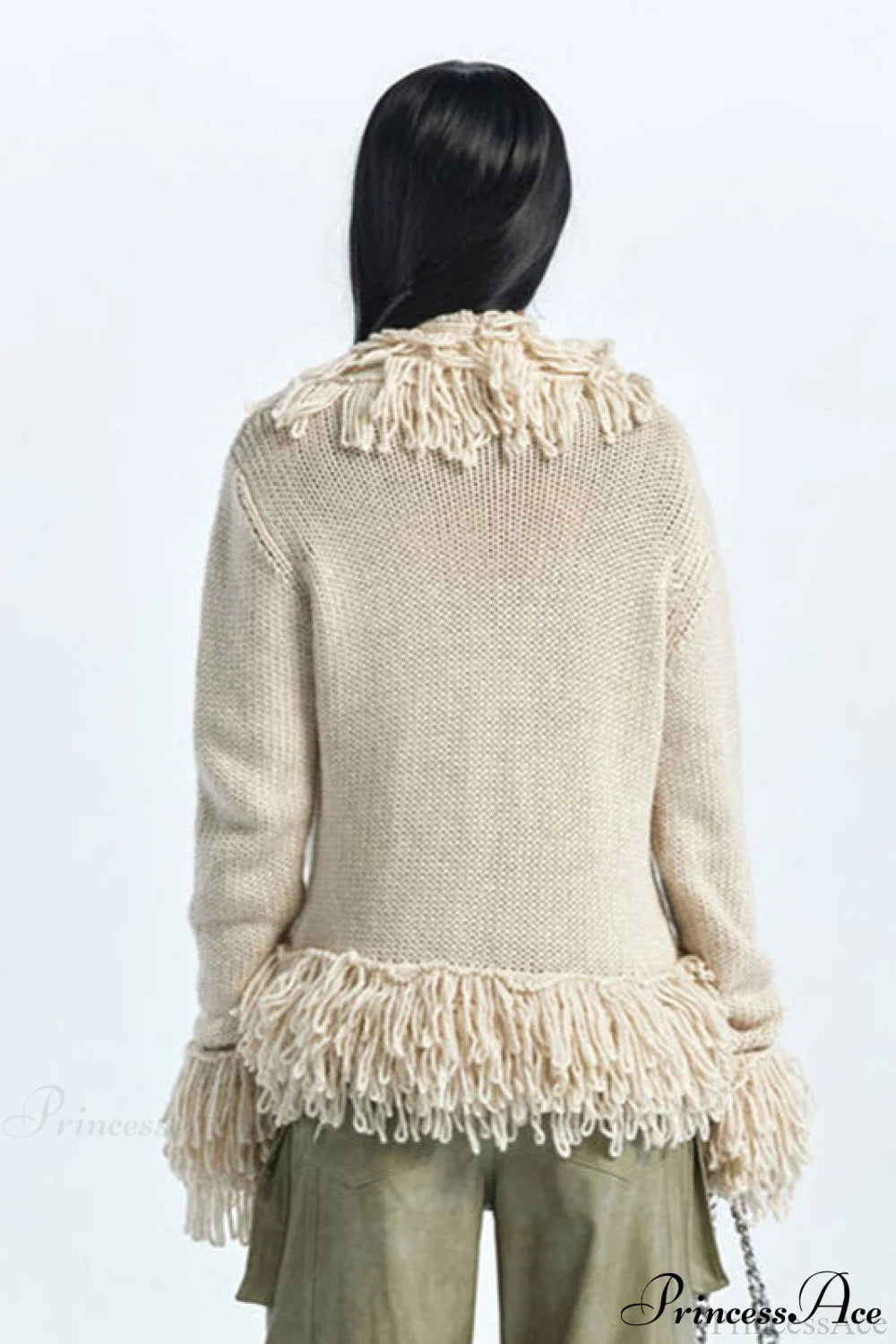Solid Knit Fringe Relaxed Long-Sleeve Cardigan