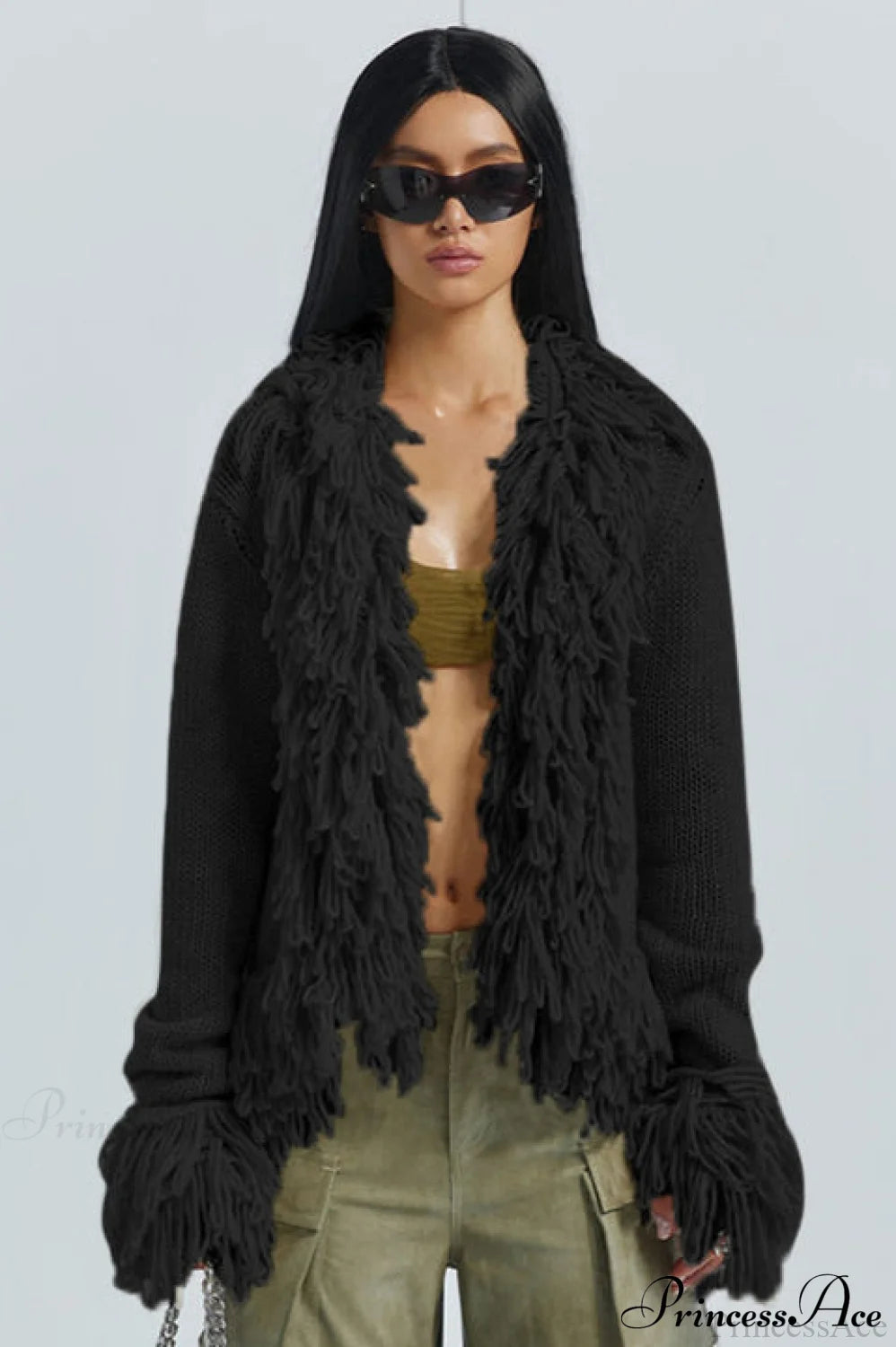 Solid Knit Fringe Relaxed Long-Sleeve Cardigan