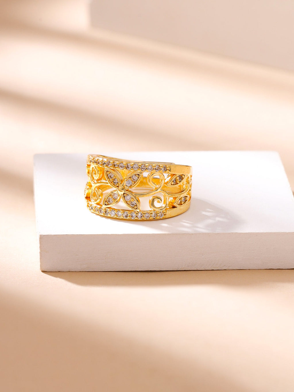 Gold Crystal Studded Flower Band Ring