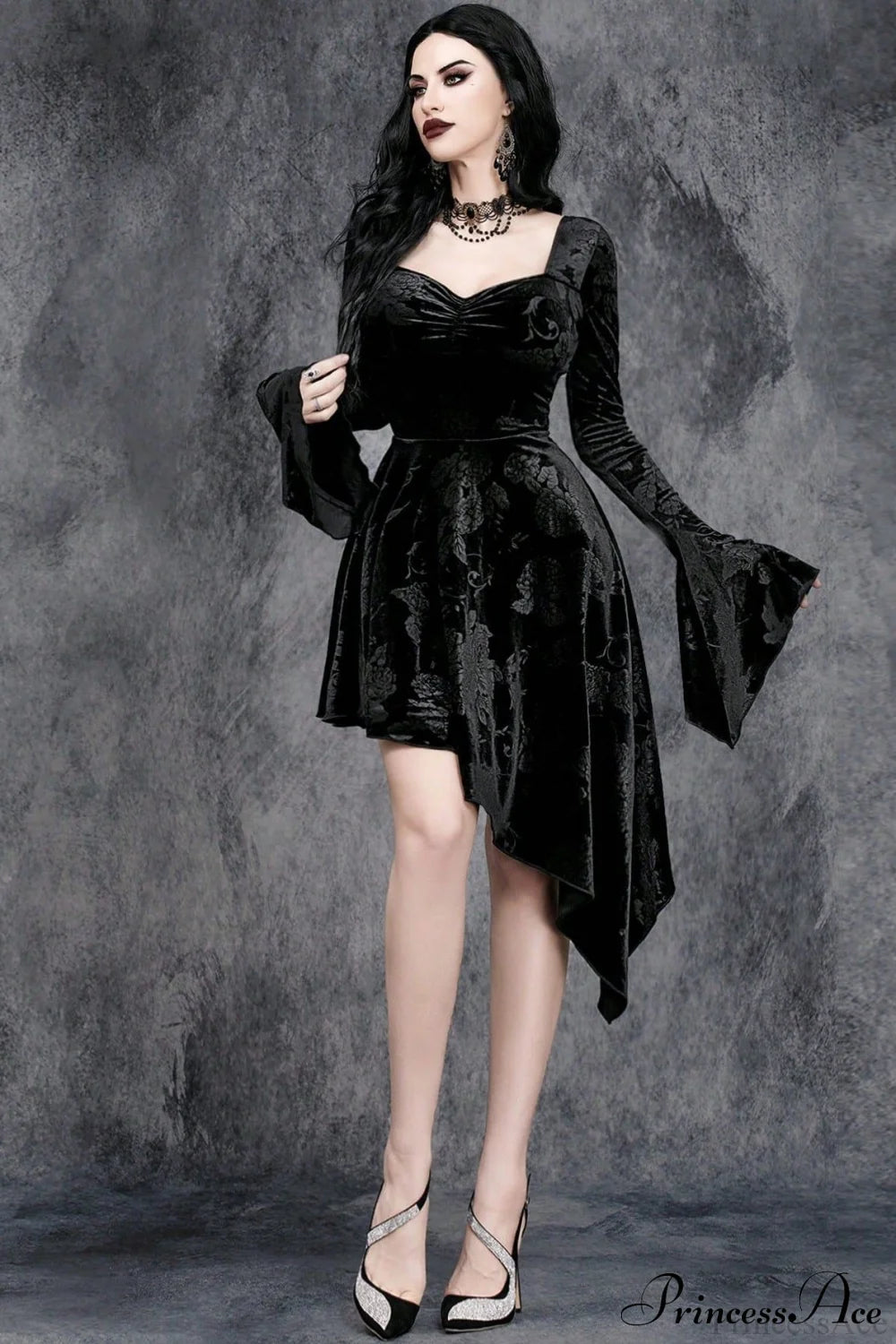 V-Neck Flared Sleeve Gothic Dress