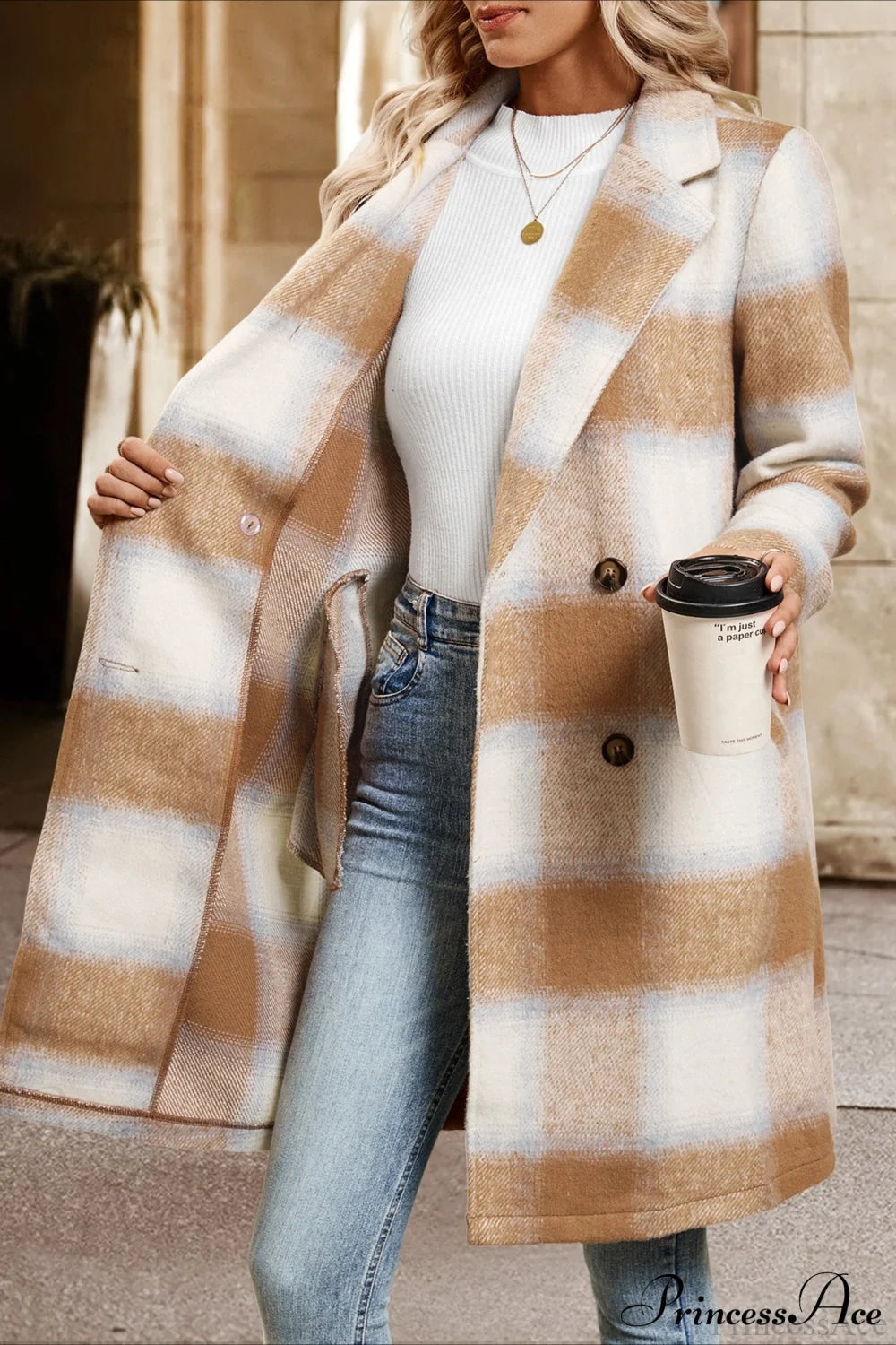 Retro Sanded Checked Tailored Collar Midi Wool Coat