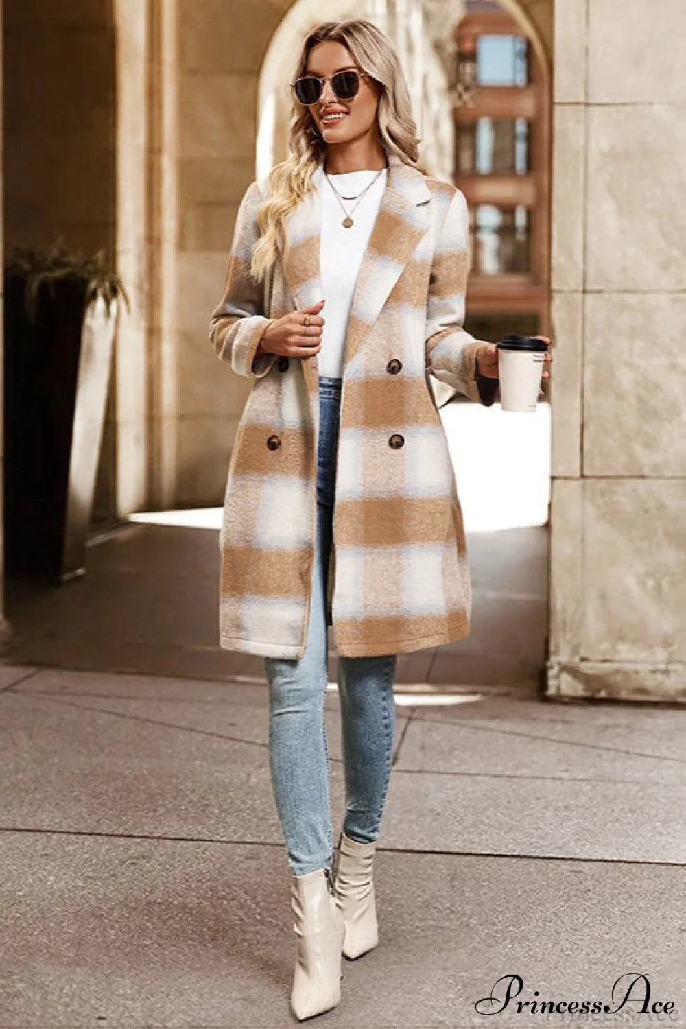 Retro Sanded Checked Tailored Collar Midi Wool Coat