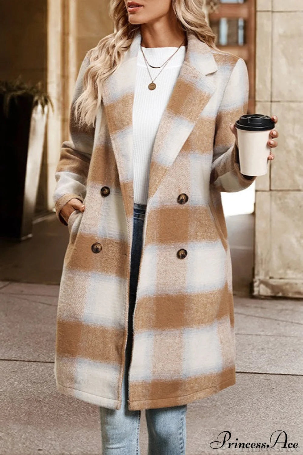 Retro Sanded Checked Tailored Collar Midi Wool Coat