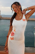 White Butterfly Blossom Sequin Knit Maxi Dress