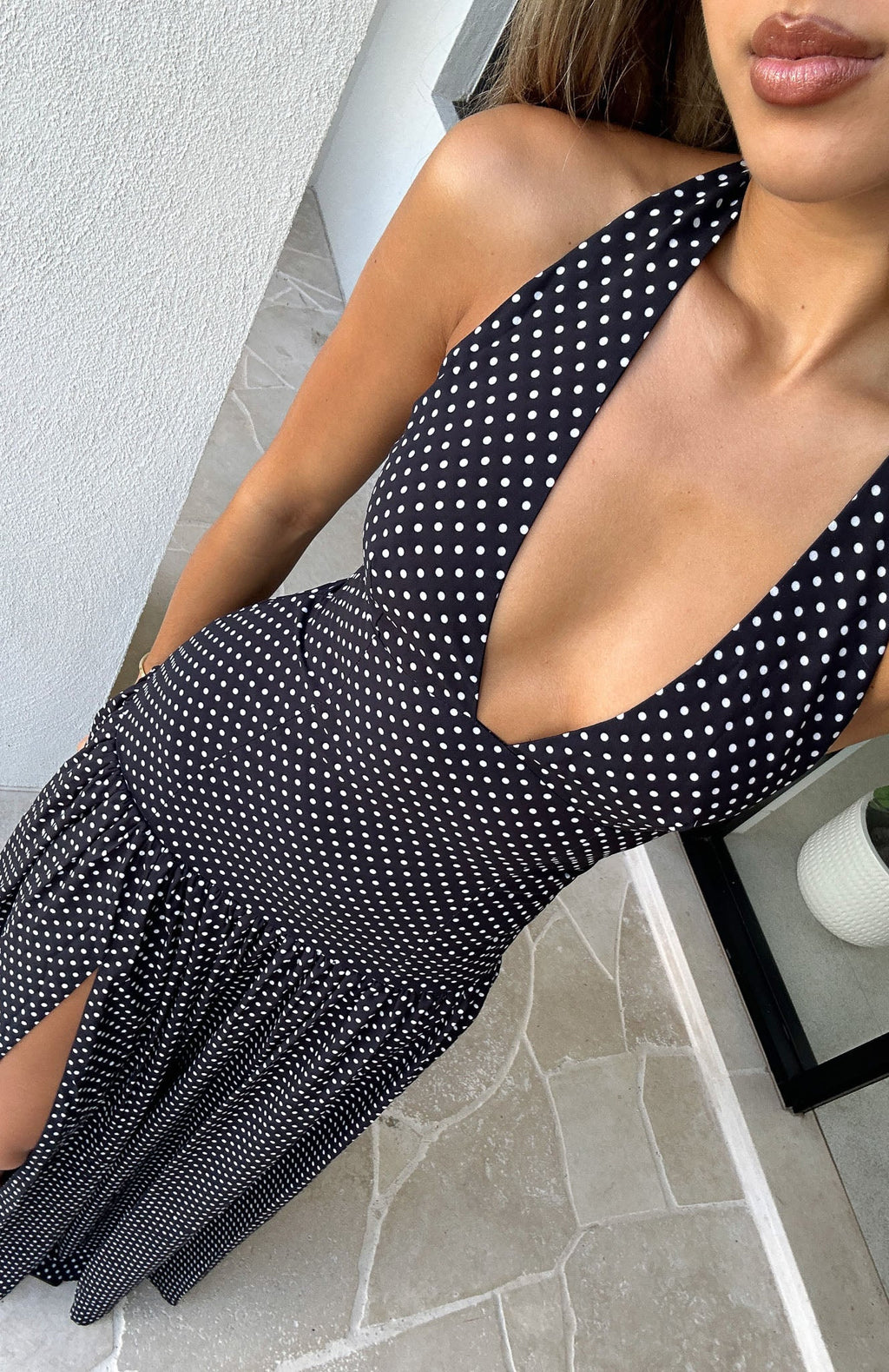 Sweet Temptation Halter Black White Polka Maxi Dress