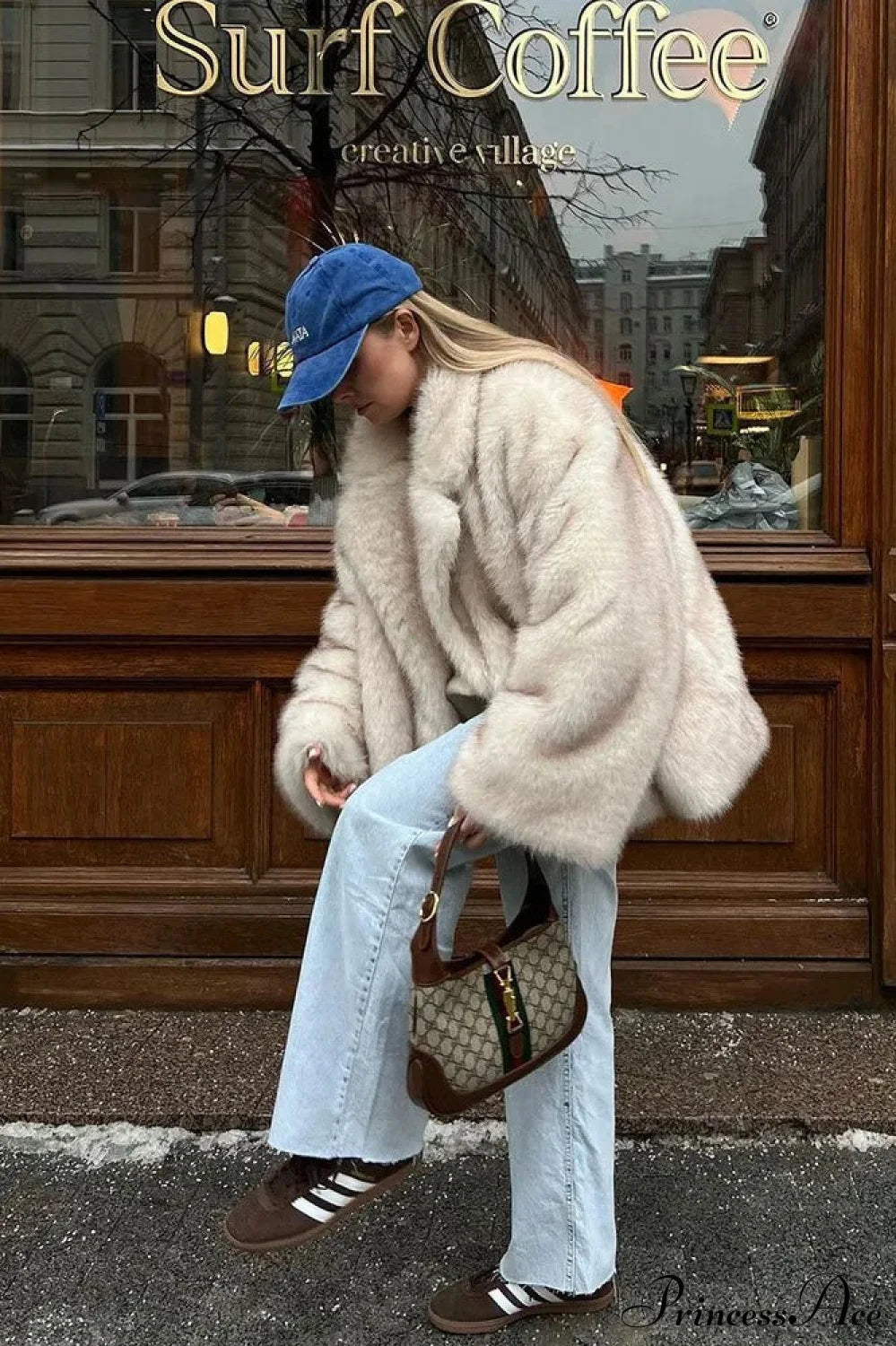 White Tip-Dyed Faux Fox Fur Mid Coat
