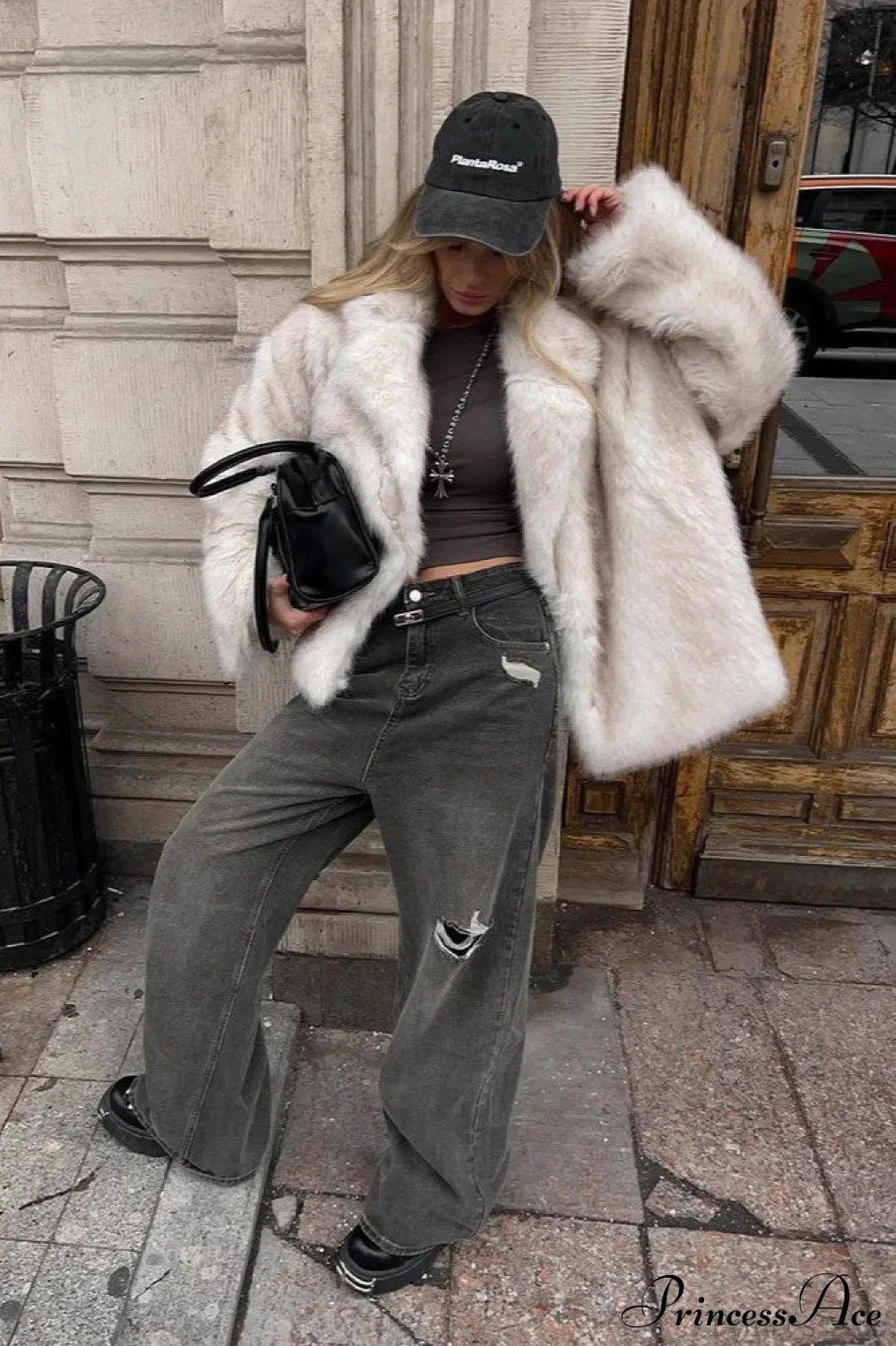 White Tip-Dyed Faux Fox Fur Mid Coat