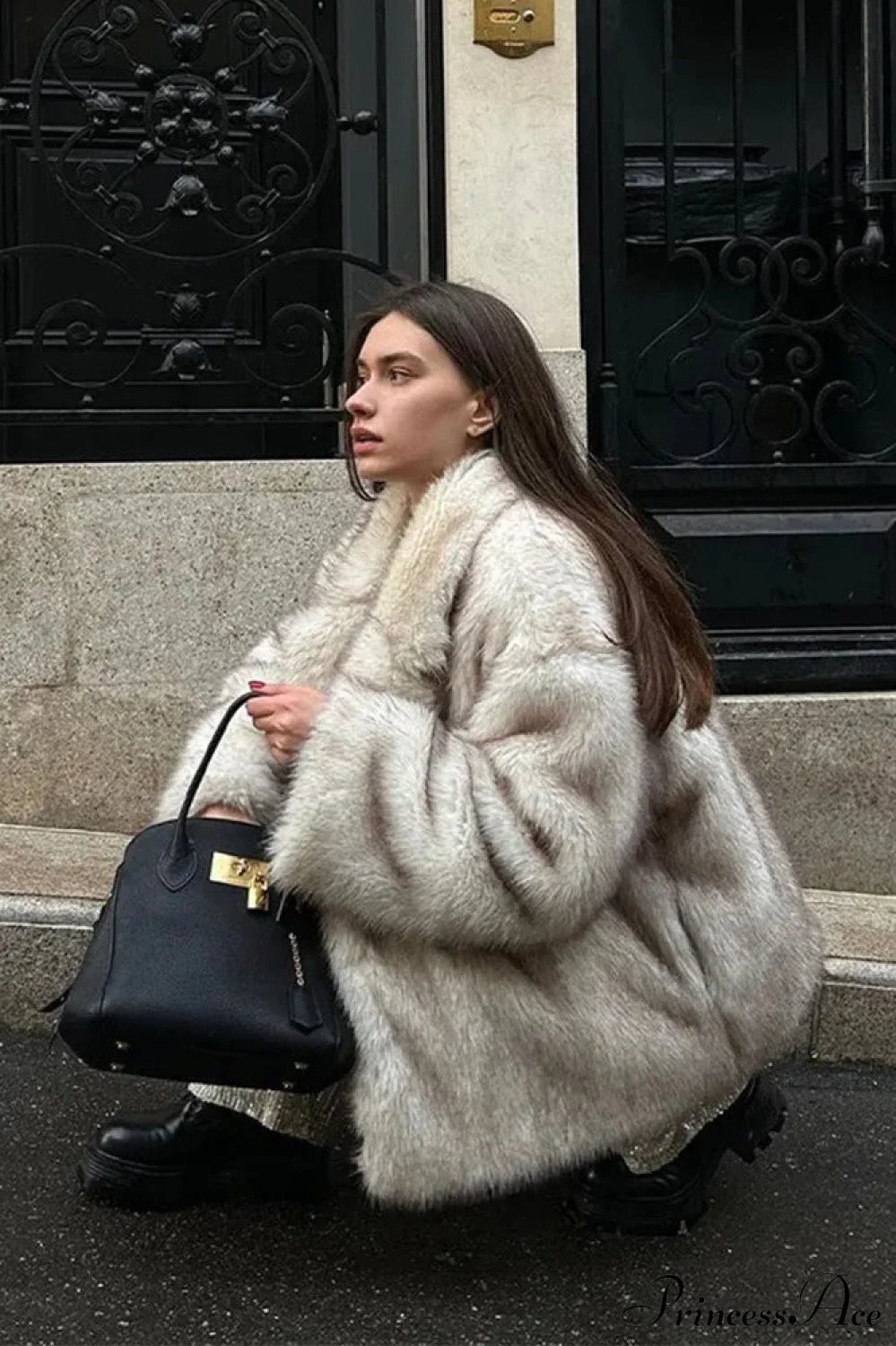 White Tip-Dyed Faux Fox Fur Mid Coat